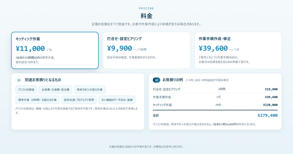 キッティング作業・調達・現地作業の料金表